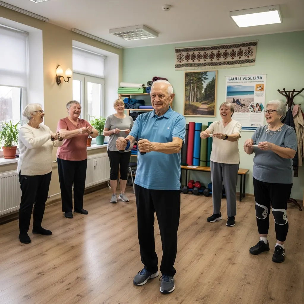 Grupa senioru nodarbojas ar izturības treniņiem parkā.
