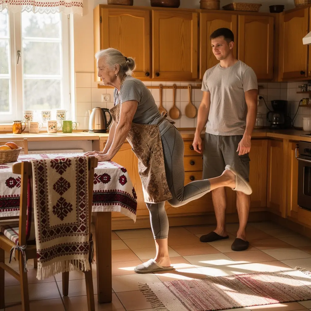 Mājas vingrošanas programma ar senioriem, kas izmanto stiepšanās vingrinājumus.