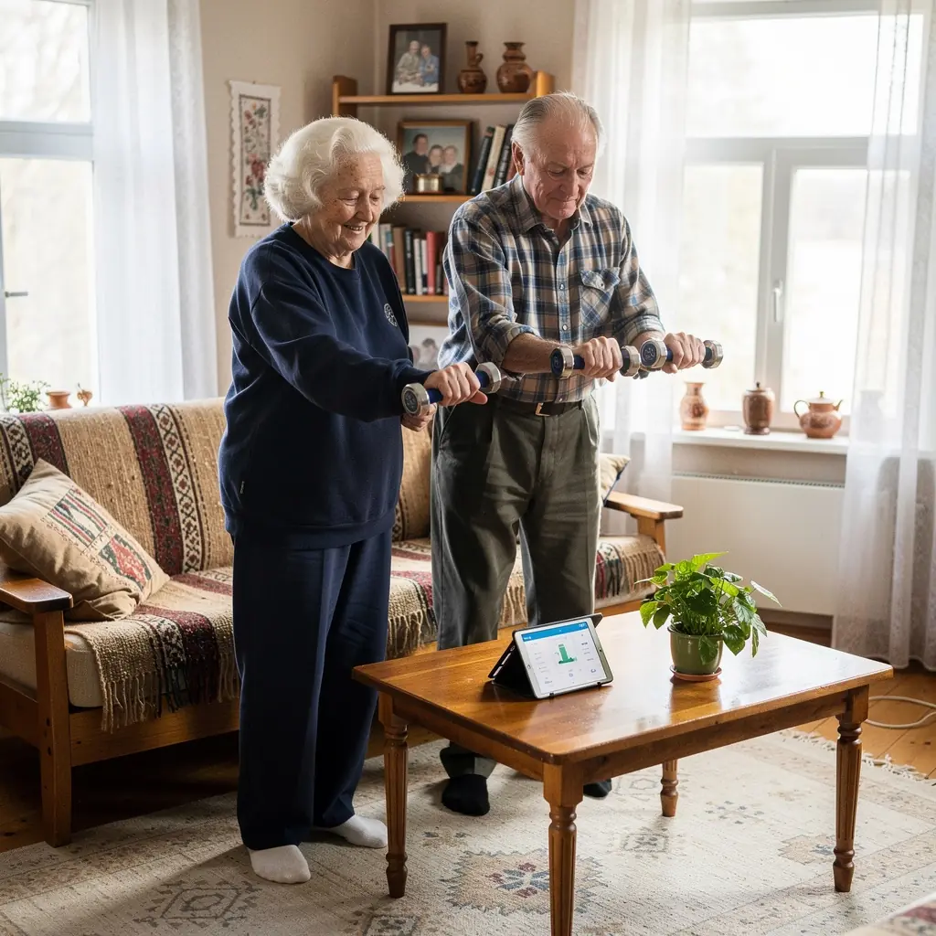 Seniors, izmantojot vingrošanas rīku, strādā pie izturības attīstīšanas.